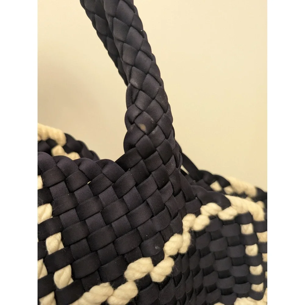 Naghedi St Barths Medium Tote Bag Ink Blue White Woven Neoprene Checkered‎ Rope